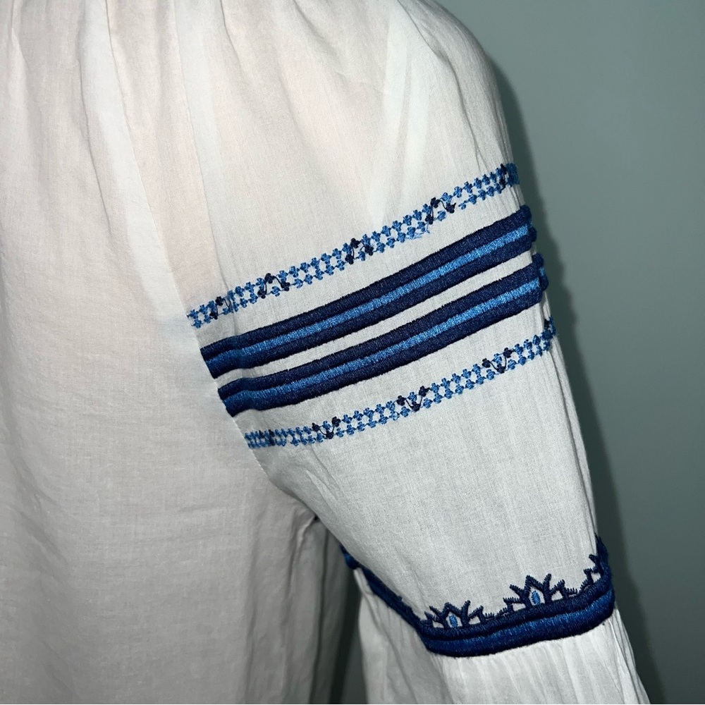 Blue Island White Blue Embroidered Cotton Swim Cover Tassel Boho Beach Tunic M - Picture 9 of 15
